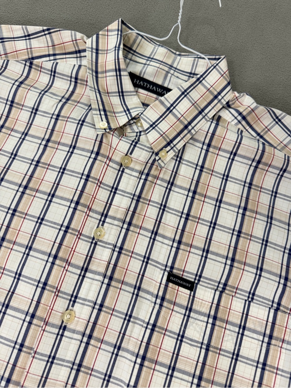 Hathaway Men's Plaid Button-Down Shirt -  Short Sleeve- Cream/Navy/Red- XL
